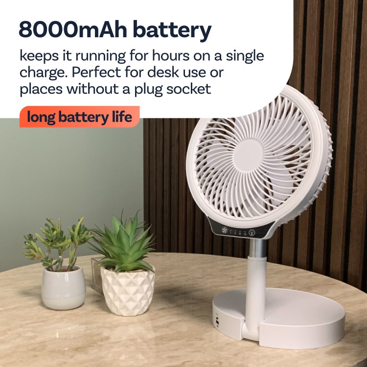 electriQ 6 inch Rechargeable and Foldable Quiet DC Fan with LED Light - Indoor or Outdoor