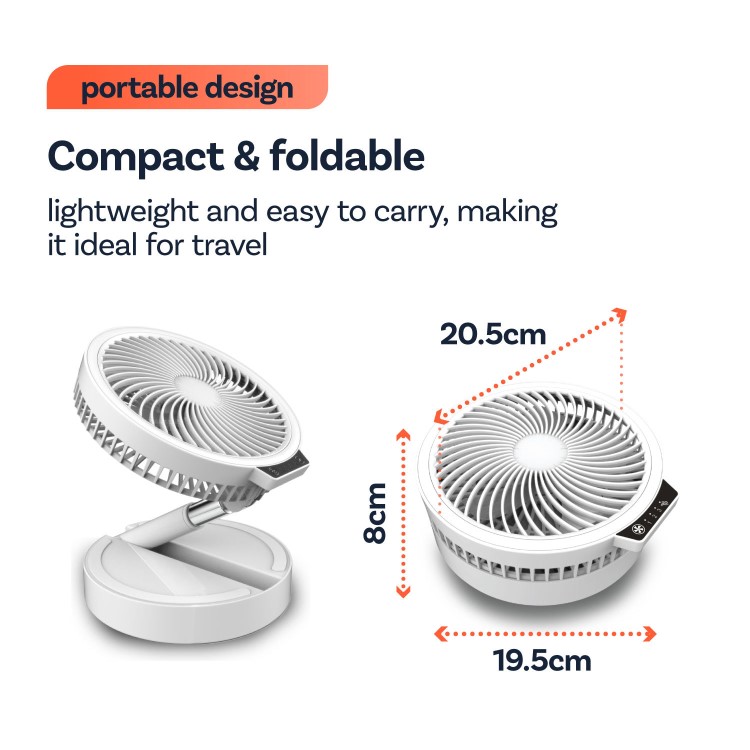 electriQ 6 inch Rechargeable and Foldable Quiet DC Fan with LED Light - Indoor or Outdoor