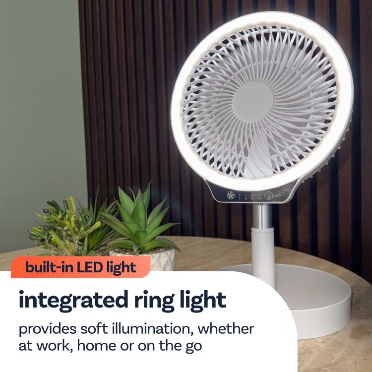 electriQ 6 inch Rechargeable and Foldable Quiet DC Fan with LED Light - Indoor or Outdoor