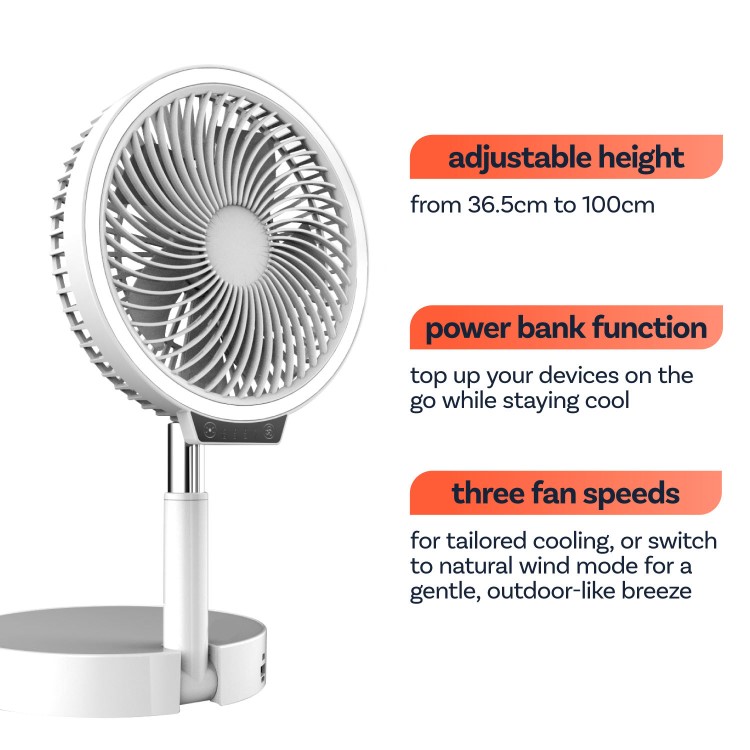 electriQ 6 inch Rechargeable and Foldable Quiet DC Fan with LED Light - Indoor or Outdoor