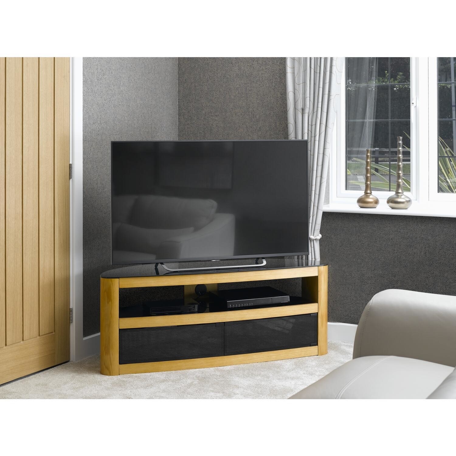 Burghley Affinity Curved TV Stand 1250 Oak / Black Glass