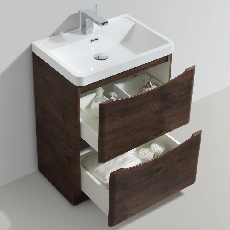 Walnut Free Standing Bathroom Vanity Unit & Basin - W600mm