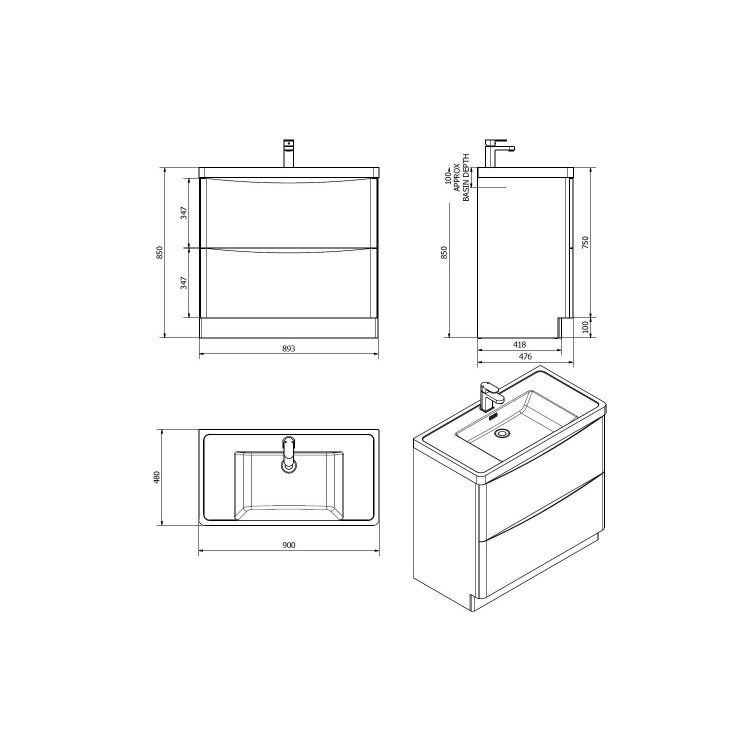 White Free Standing Bathroom Vanity Unit & Basin - W900 x H850mm - Oakland