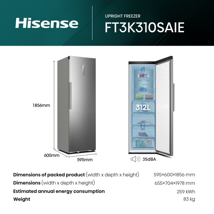 Hisense KitchenFit 312 Litre Tall Freestanding Larder Freezer - Silver