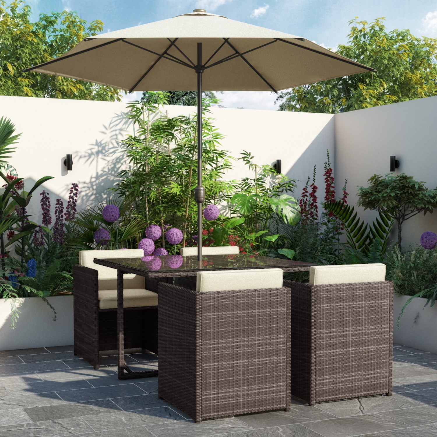 4 Seater Brown Rattan Cube Garden Dining Set - Parasol Included