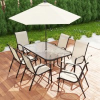 Brown Metal and Cream 6 Seater Garden Dining Set - Parasol Included