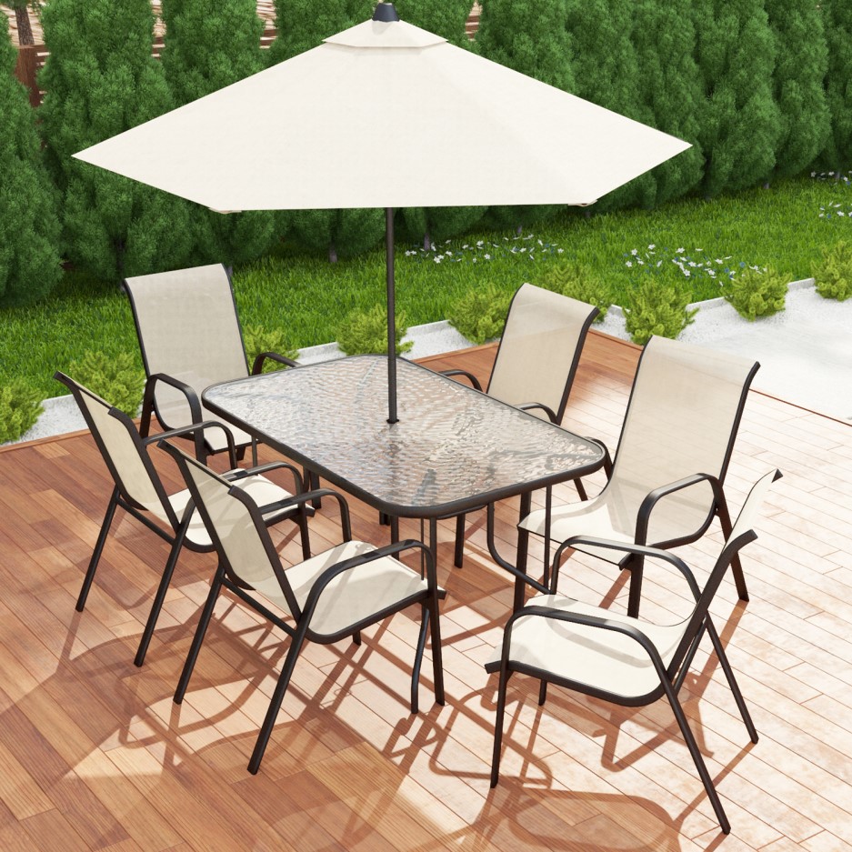 Brown Metal and Cream 6 Seater Garden Dining Set - Parasol Included