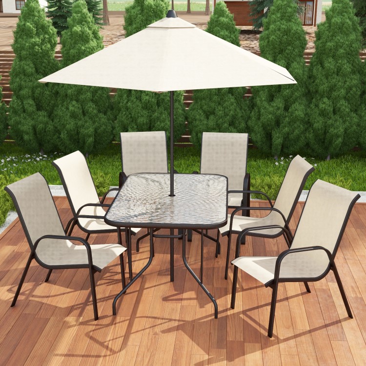 Brown Metal and Cream 6 Seater Garden Dining Set - Parasol Included