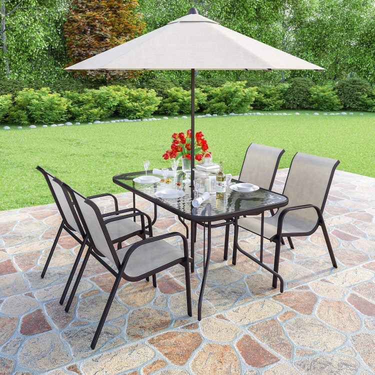 Brown Metal and Cream 6 Seater Garden Dining Set - Parasol Included