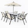 Brown Metal and Cream 6 Seater Garden Dining Set - Parasol Included