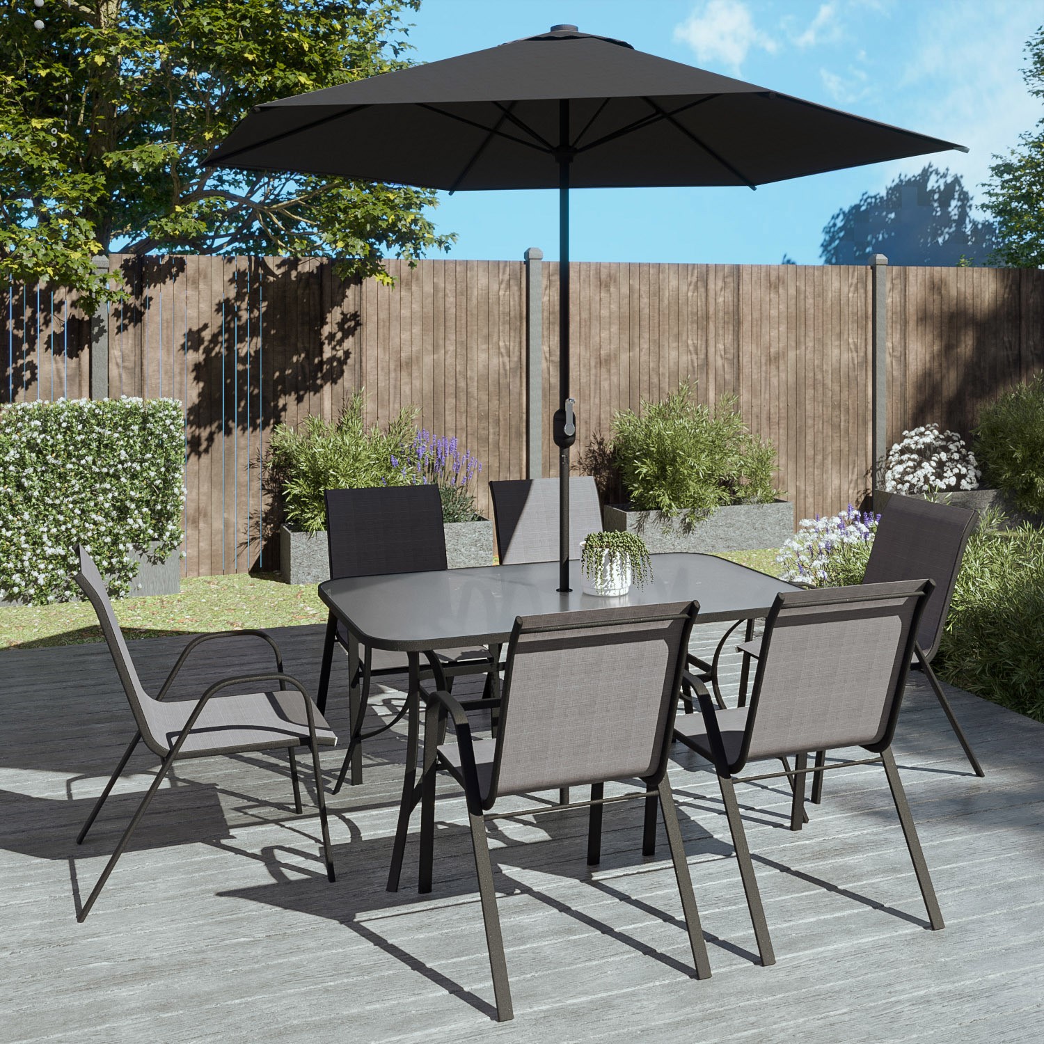 Black & Grey Metal 6 Seater Garden Furniture Set - Parasol Included