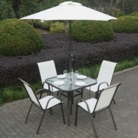 Brown Metal and Cream 4 Seater Garden  Dining Set - Parasol Included