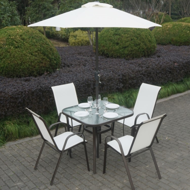 Brown Metal and Cream 4 Seater Garden  Dining Set - Parasol Included