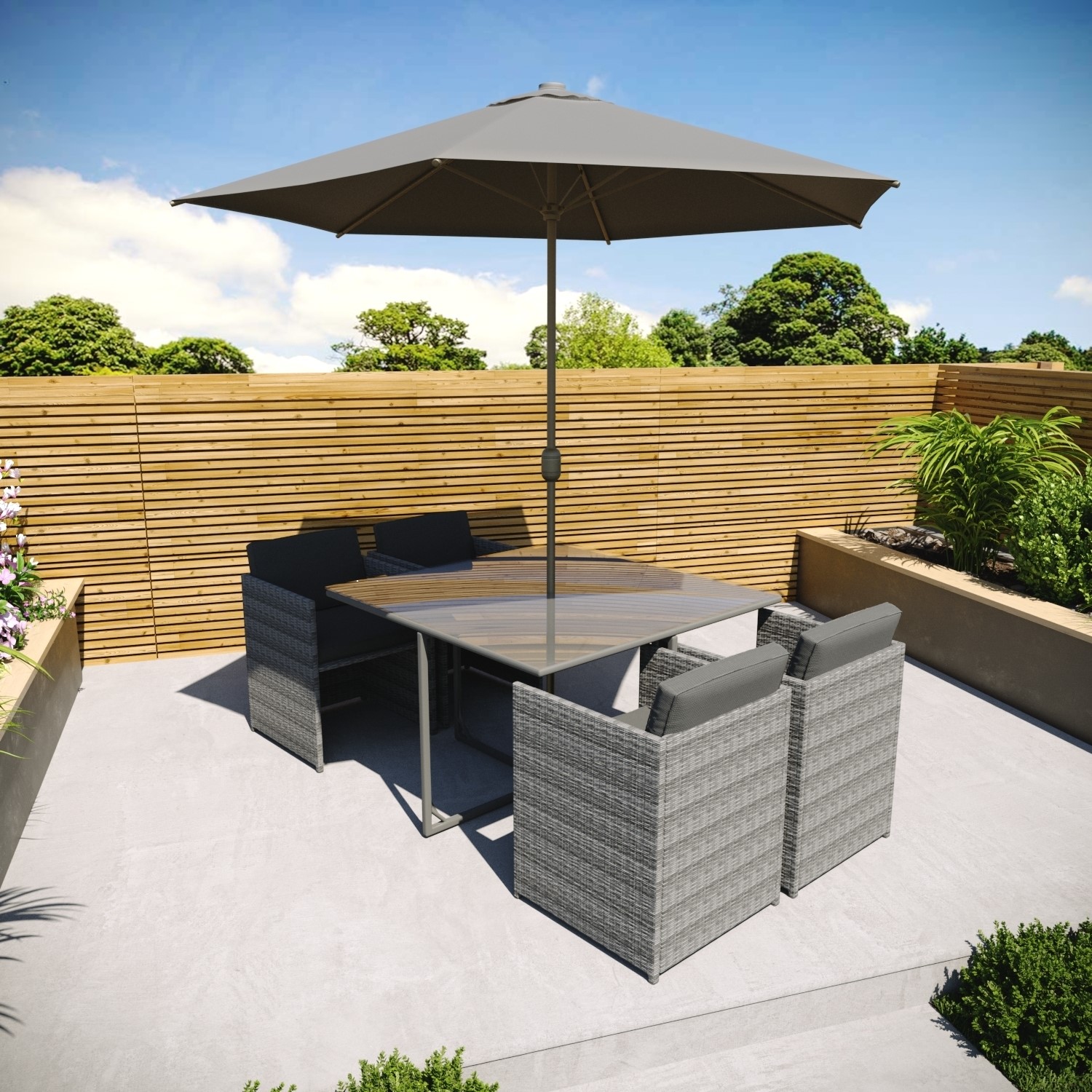 4 Seater Dark Grey Rattan Cube Garden Dining Set - Parasol Included | eBay