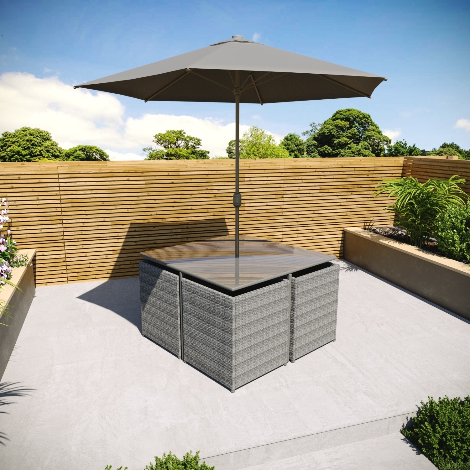 4 Seater Dark Grey Rattan Cube Garden Dining Set - Parasol Included | eBay