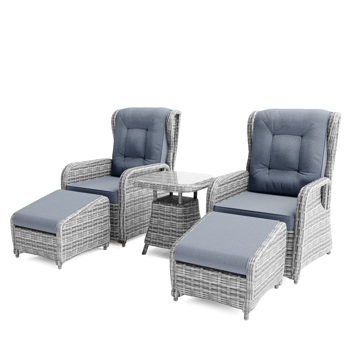 Reclining Rattan Sun Lounger Set with Table and Footstools - Dark Grey