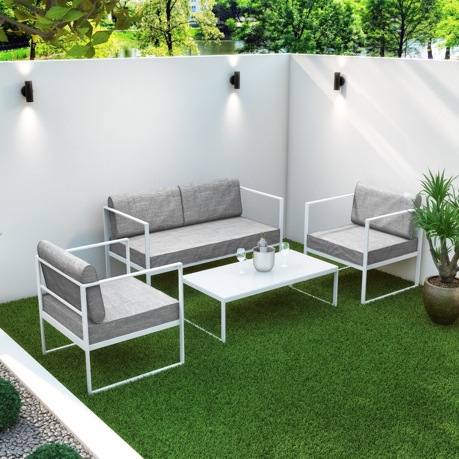 4 Piece White Metal Patio Garden Furniture Set with Table