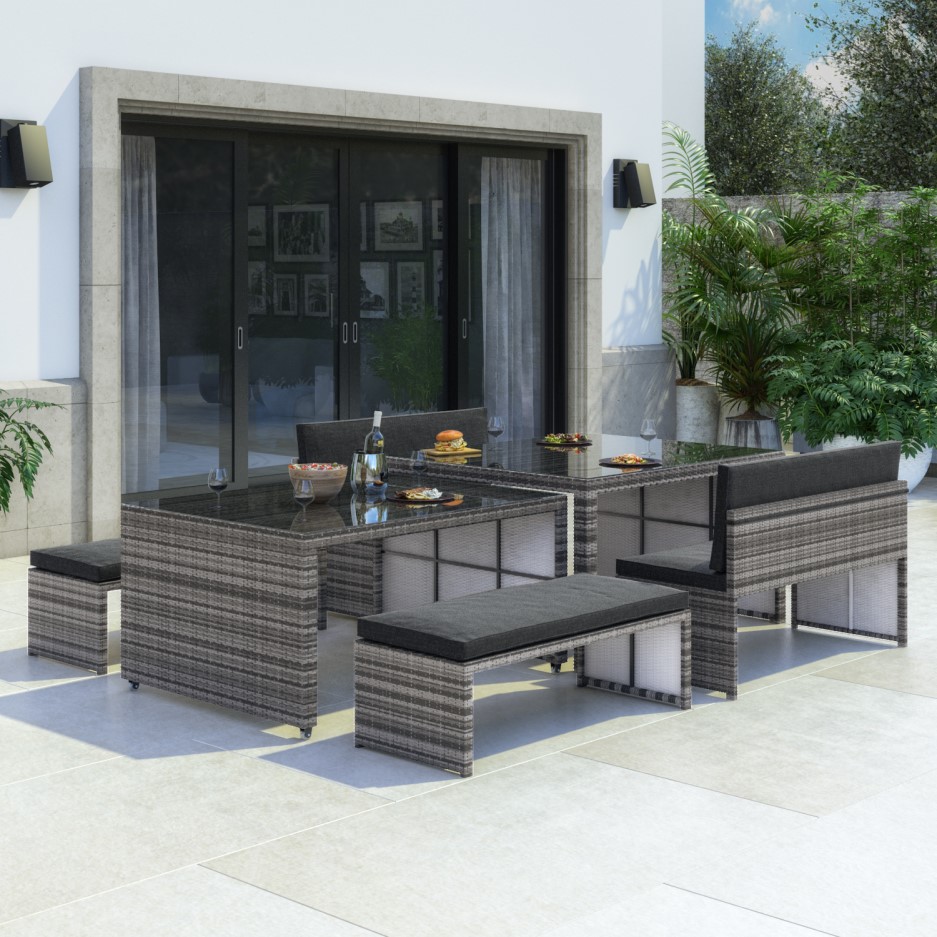 8 Seater Grey Rattan Outdoor Dining Set with Extendable Table - Aspen