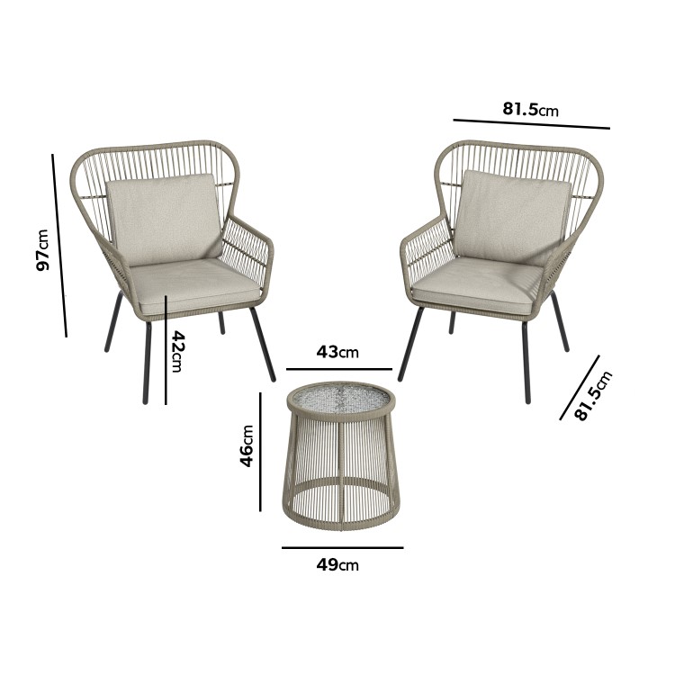 2 Seater Woven Rope Effect Bistro Set - Natural - Como