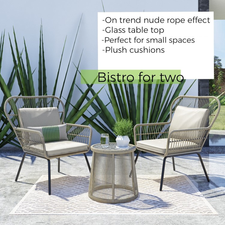 2 Seater Woven Rope Effect Bistro Set - Natural - Como