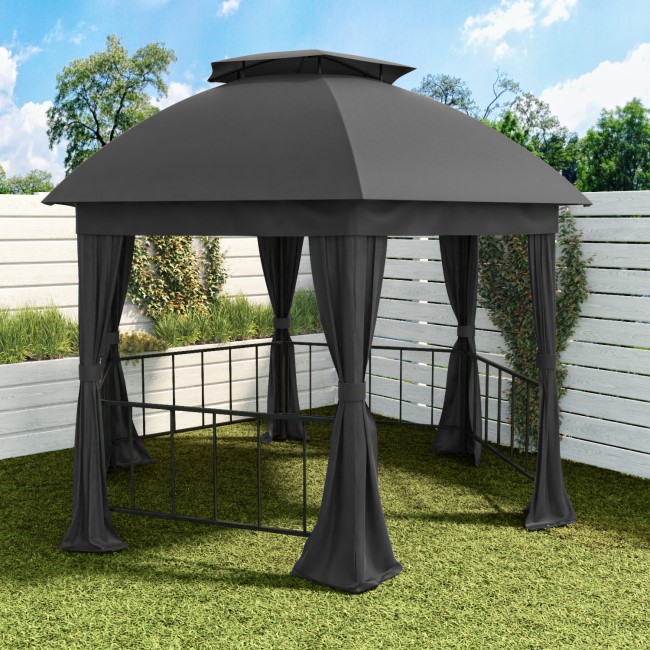 Metal Hexagon Outdoor Gazebo with Fabric Roof and Curtain Sides - 3.75 x 3.75m - Grey  - Fortrose
