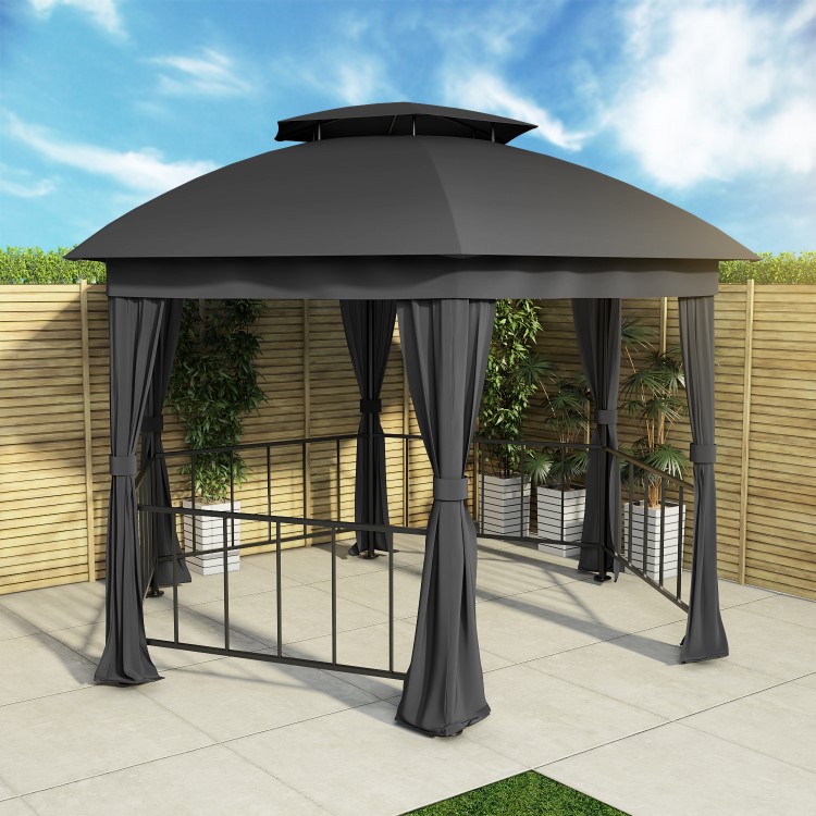 Metal Hexagon Outdoor Gazebo with Fabric Roof and Curtain Sides - 3.75 x 3.75m - Grey  - Fortrose