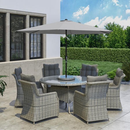 6 Seater Grey Round Rattan Garden Dining Set with Table and Chairs