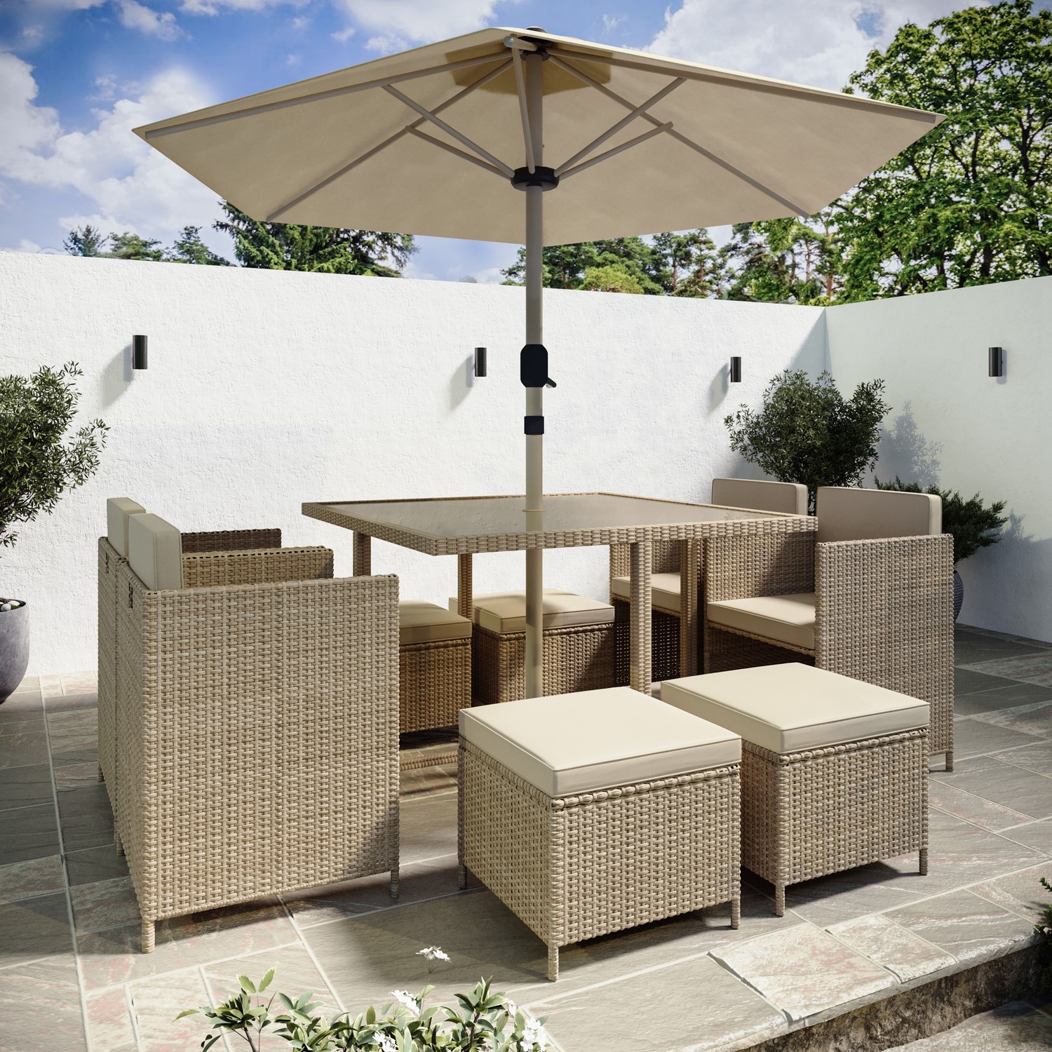 Seater Rattan Cube Outdoor Dining Set With Parasol Seater Beige