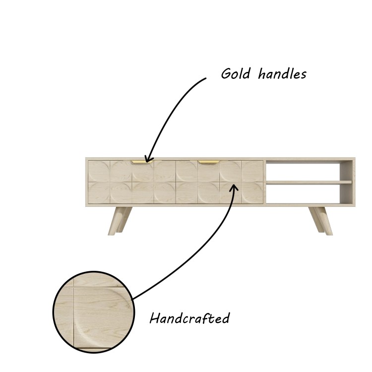 Freya Large Solid Wood TV Unit in Light Wash with Gold Detail