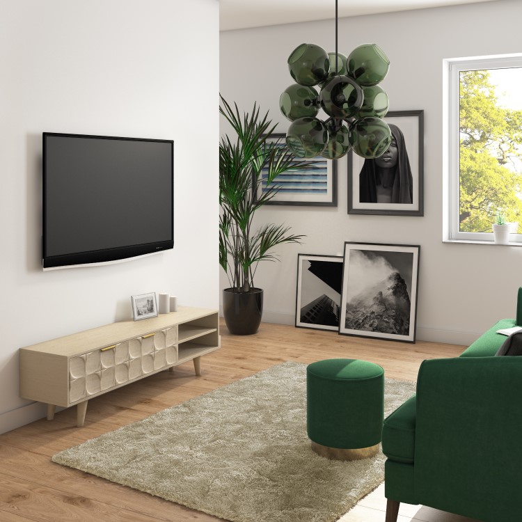 Freya Large Solid Wood TV Unit in Light Wash with Gold Detail