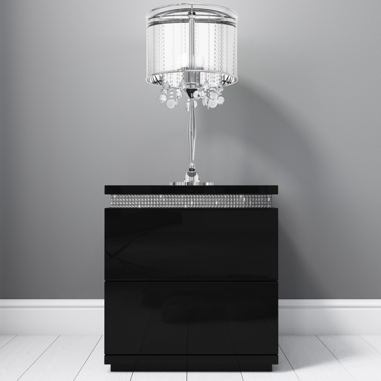 Black High Gloss Bedside Table Chest Drawers Cabinet Diamante