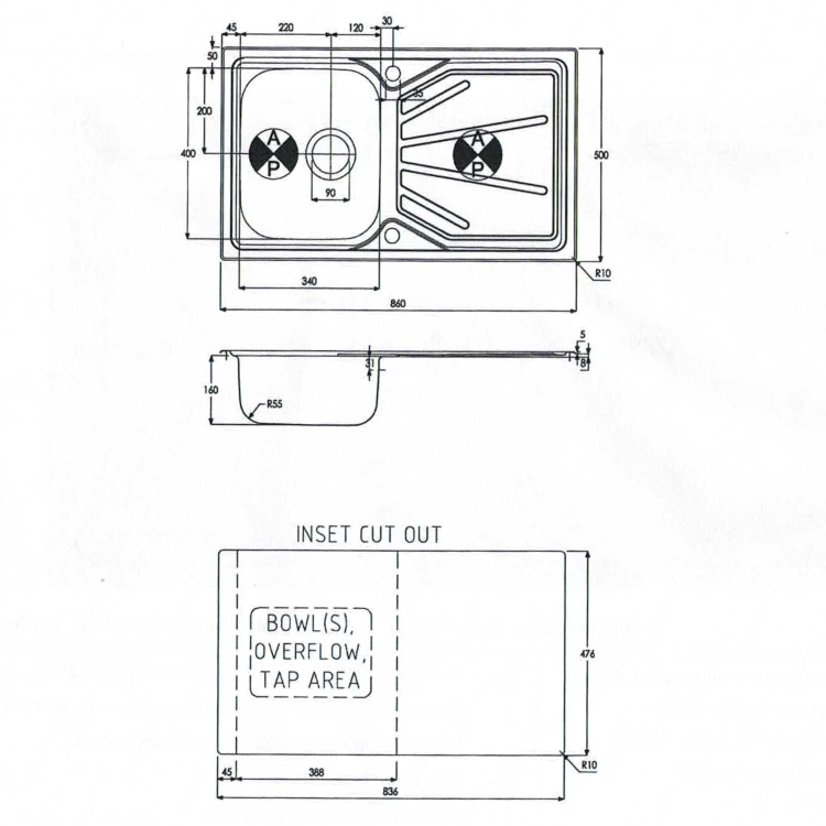 Single Bowl Inset Chrome Stainless Steel Kitchen Sink with Reversible Drainer - Essence