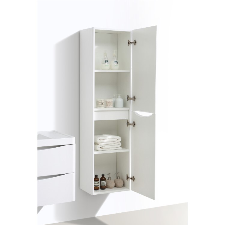 White Wall Hung Tall Bathroom Storage Cabinet - W400 x H1500mm - Oakland