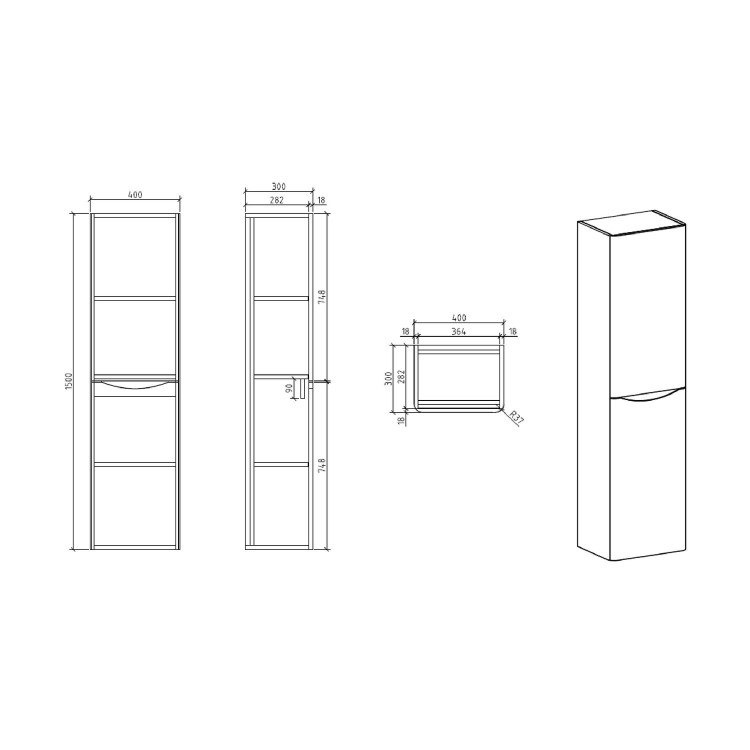 White Wall Hung Tall Bathroom Storage Cabinet - W400 x H1500mm - Oakland
