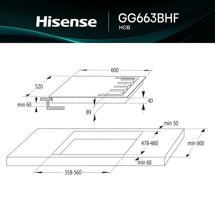 Hisense 60cm 4 Burner Gas on Glass Hob - Black