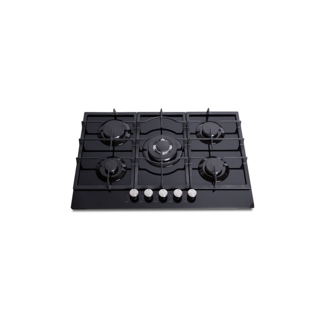 Montpellier GH75BG 75cm Five Burner Gas-on-glass Hob - Black With Cast Iron Pan Supports