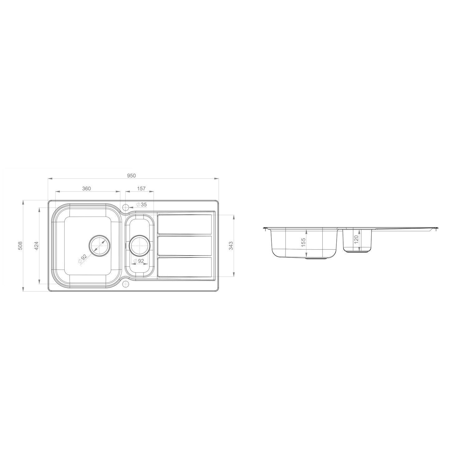 1.5 Bowl Inset Stainless Steel Kitchen Sink with Reversible Drainer