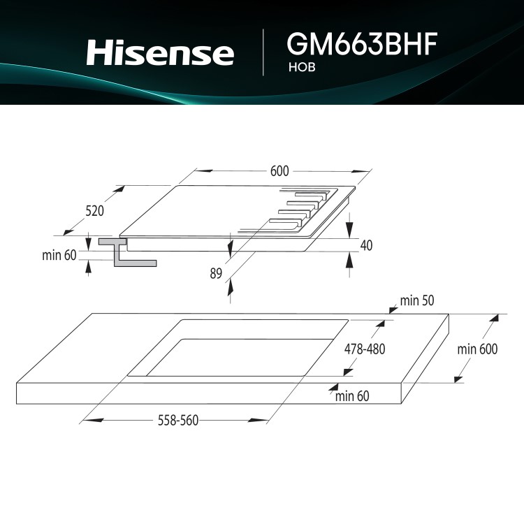 Hisense 60cm 4 Burner Gas Hob - Black