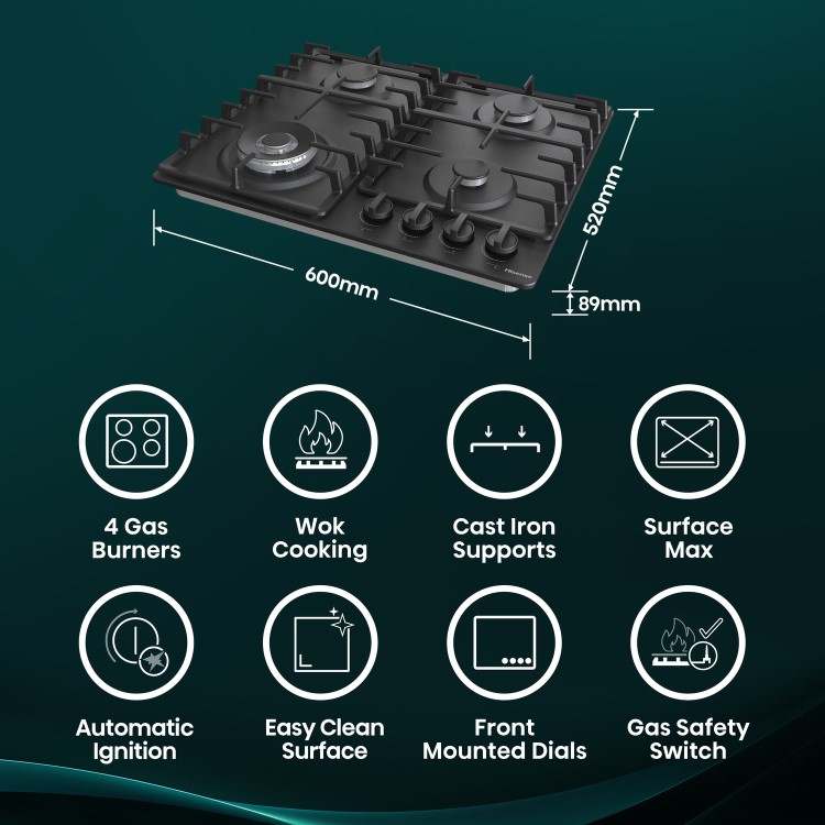 Hisense 60cm 4 Burner Gas Hob - Black