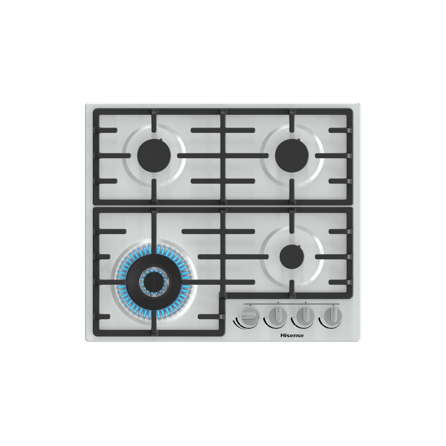 Hisense GM663XB 60cm 4 Burner Gas Hob with Wok Burner - Stainless Steel