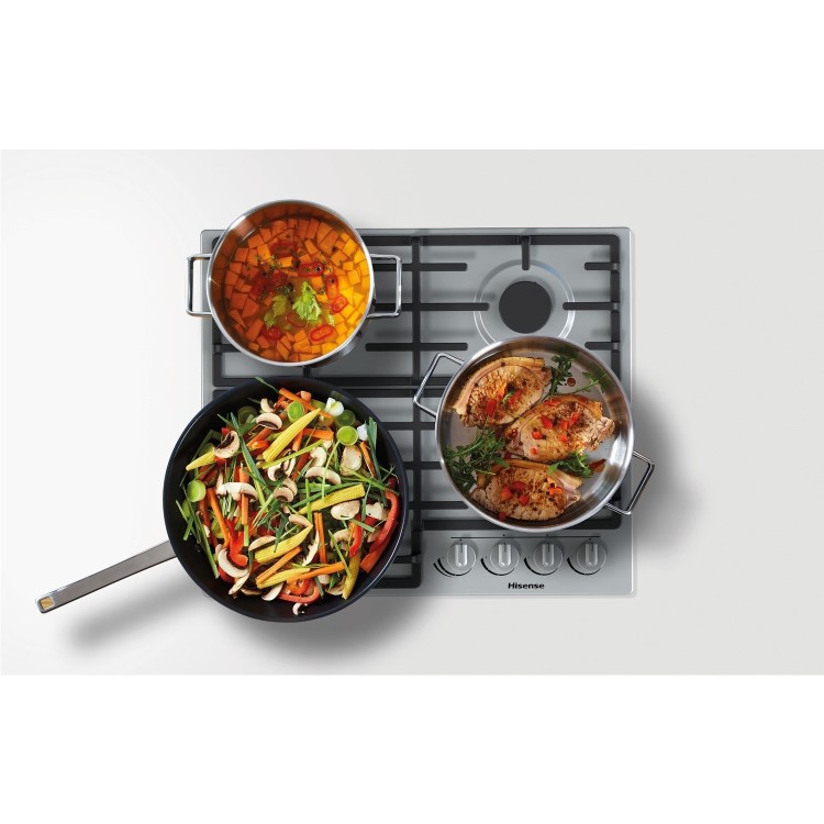 Hisense 60cm 4 Burner Gas Hob with Wok Burner - Stainless Steel