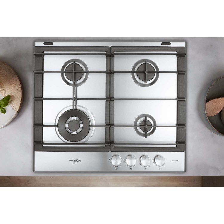 Whirlpool GMW6422IXL W Collection 60cm Four Burner Gas Hob With Cast Iron Pan Stands - Stainless Steel
