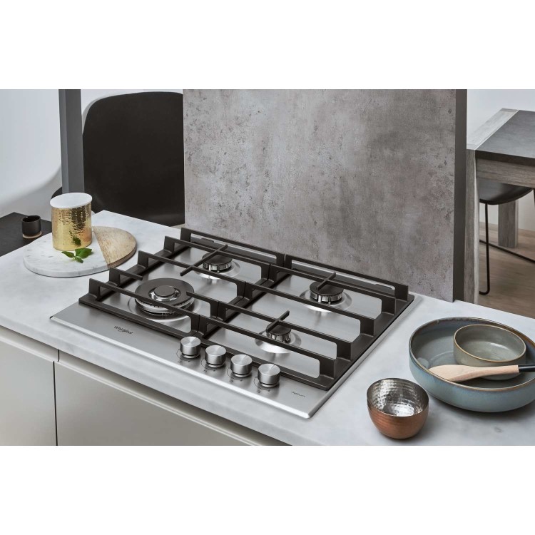 Whirlpool GMW6422IXL W Collection 60cm Four Burner Gas Hob With Cast Iron Pan Stands - Stainless Steel