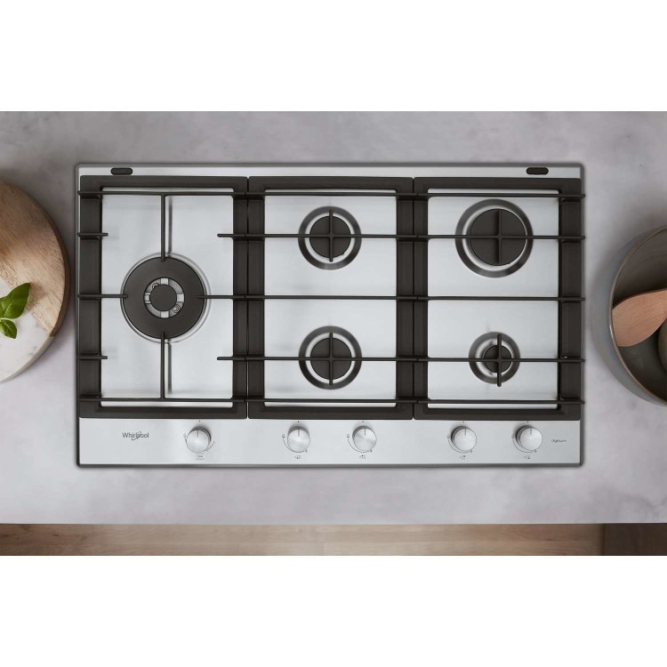 Whirlpool GMW9552IXL W Collection 86cm Wide Five Burner Gas Hob - Stainless Steel With Cast Iron Pan Stands