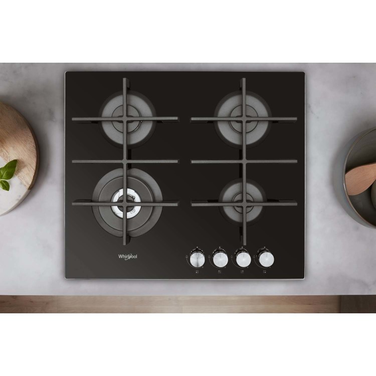 Whirlpool GOW6423NB 59cm Four Burner Gas-on-glass Hob - Black Glass