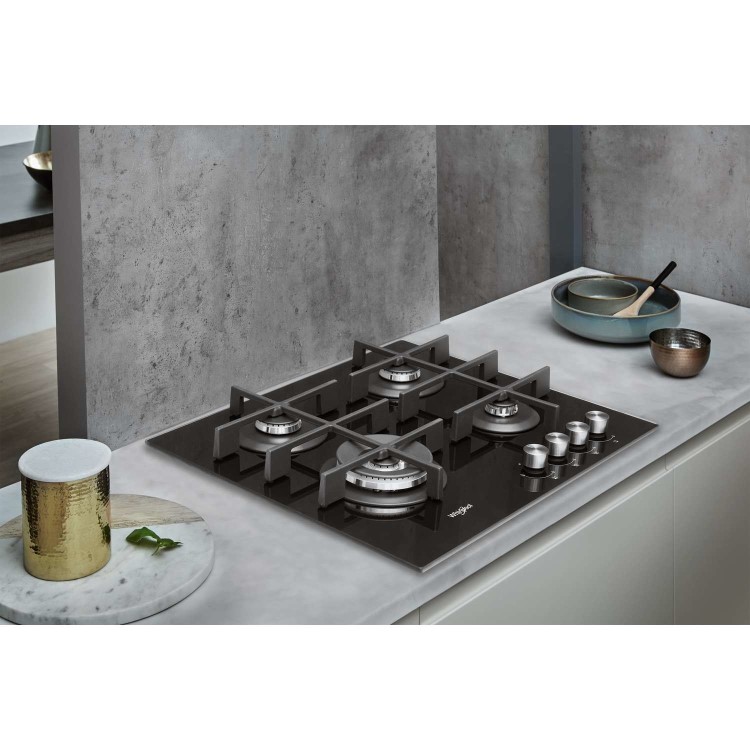 Whirlpool GOW6423NB 59cm Four Burner Gas-on-glass Hob - Black Glass