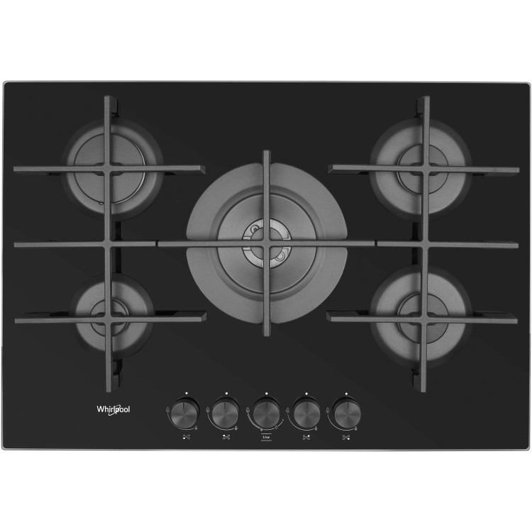 Whirlpool GOW7553NB W Collection 73cm Wide Five Burner Gas-on-glass Hob - Black Glass With Cast Iron Pan Stands