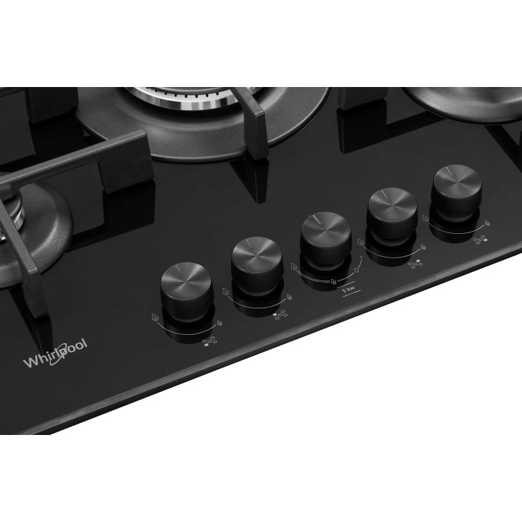Whirlpool GOW7553NB W Collection 73cm Wide Five Burner Gas-on-glass Hob - Black Glass With Cast Iron Pan Stands