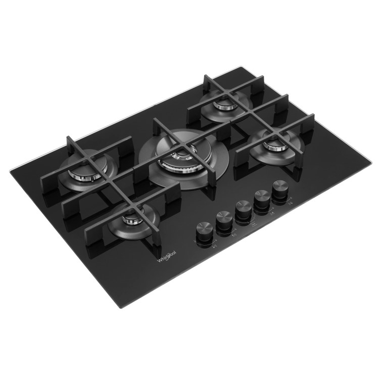 Whirlpool GOW7553NB W Collection 73cm Wide Five Burner Gas-on-glass Hob - Black Glass With Cast Iron Pan Stands
