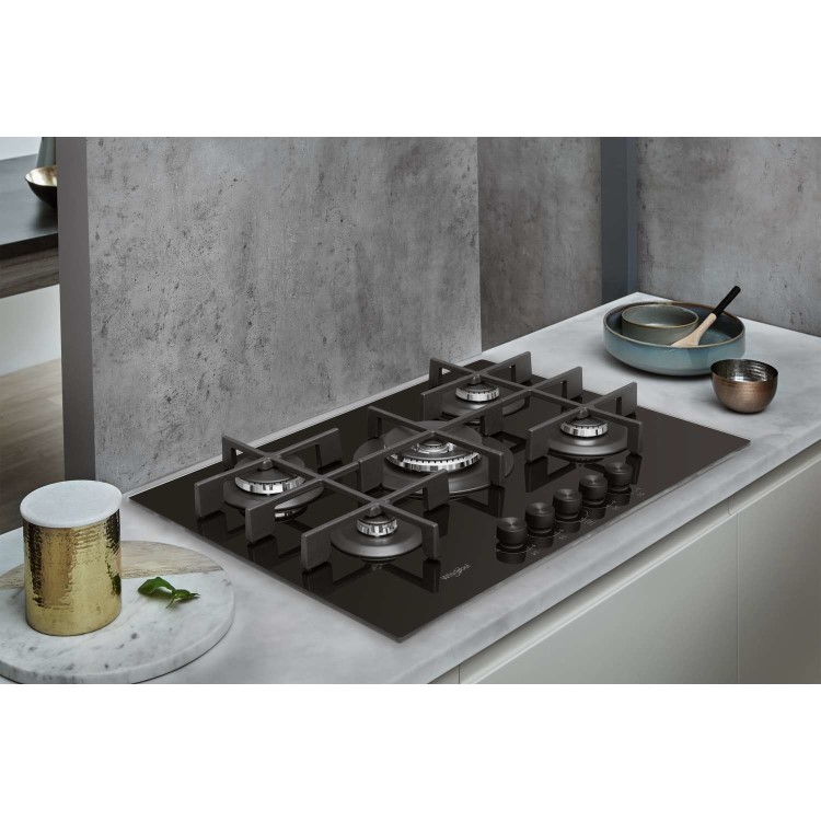 Whirlpool GOW7553NB W Collection 73cm Wide Five Burner Gas-on-glass Hob - Black Glass With Cast Iron Pan Stands